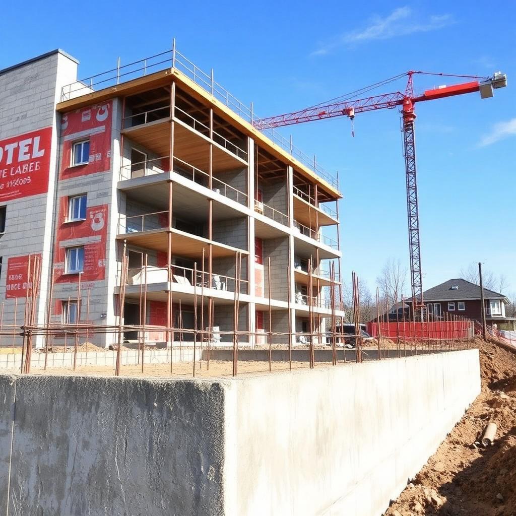Neubau-Baustelle im Rohbaustadium mit Kran