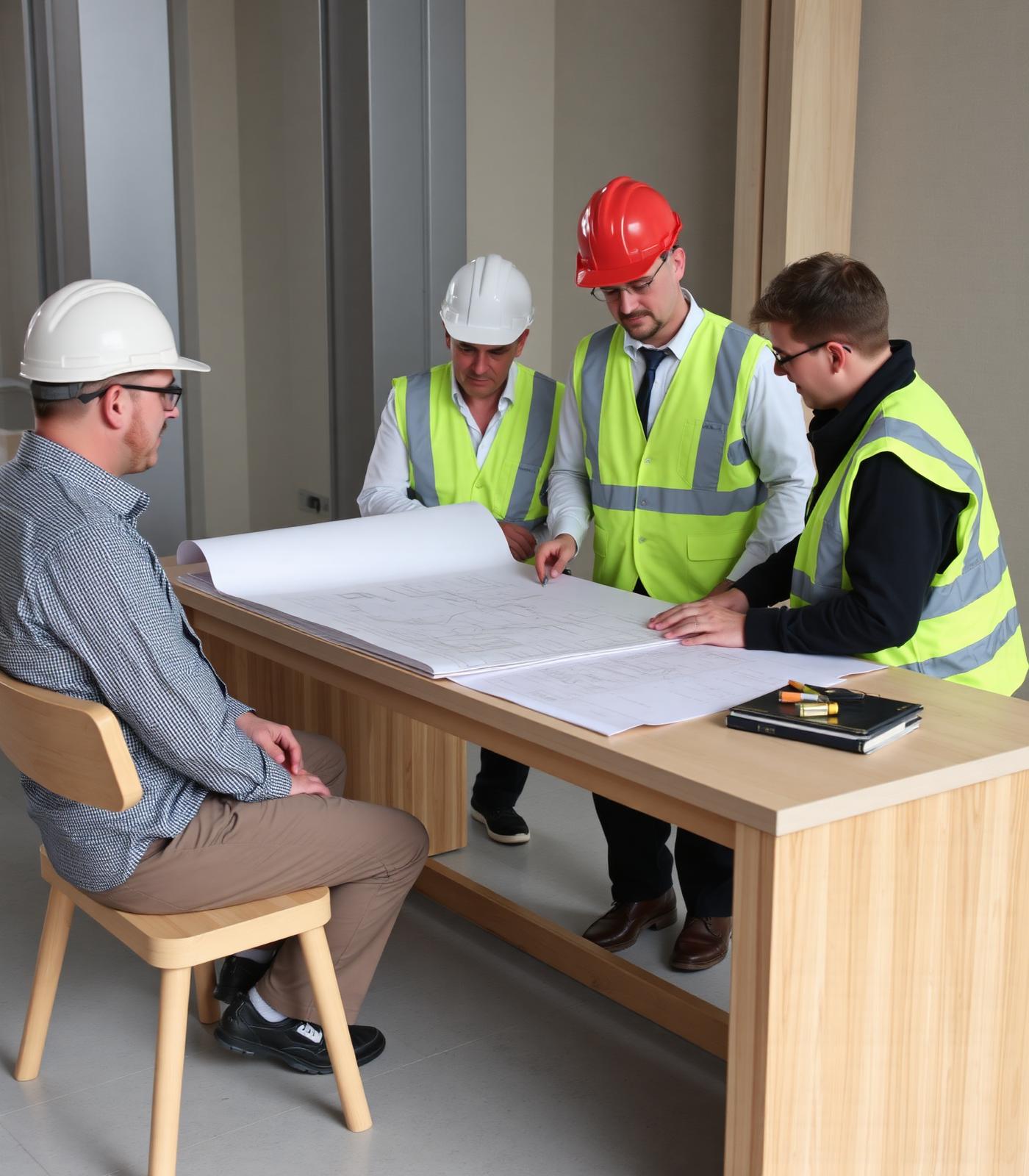 Baumeister-Team bei der Planbesprechung auf einer Wiener Baustelle